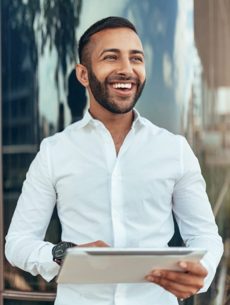 smiley man holding folder in hand