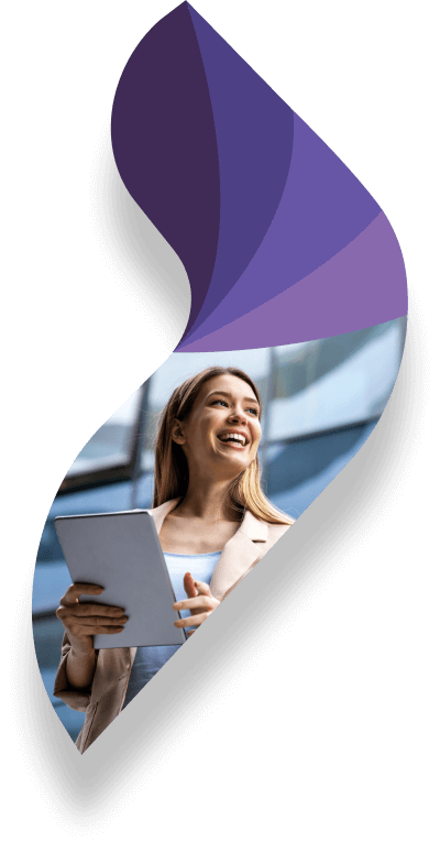 happy business woman holding folder in VCloud symbol